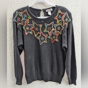 VTG Lindsey Blake Embellished Rhinestones Beads Stars Embroidered Sweater Large